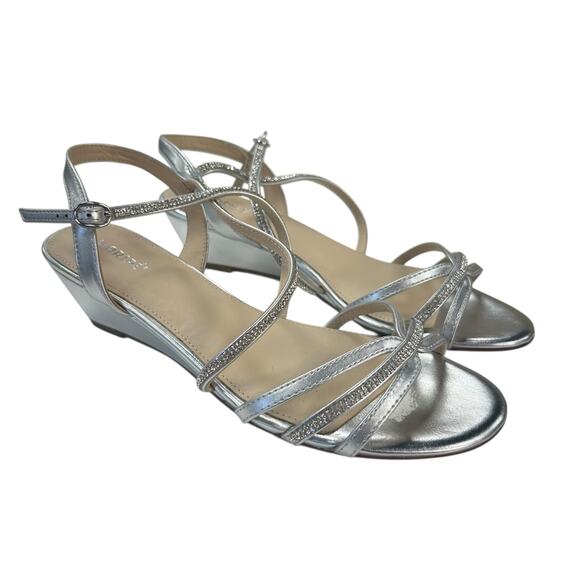 Maripe Silver Rhinestone Strappy Jane Open Toe Wedge Dress Sandals Womens 8.5 - Picture 1 of 7